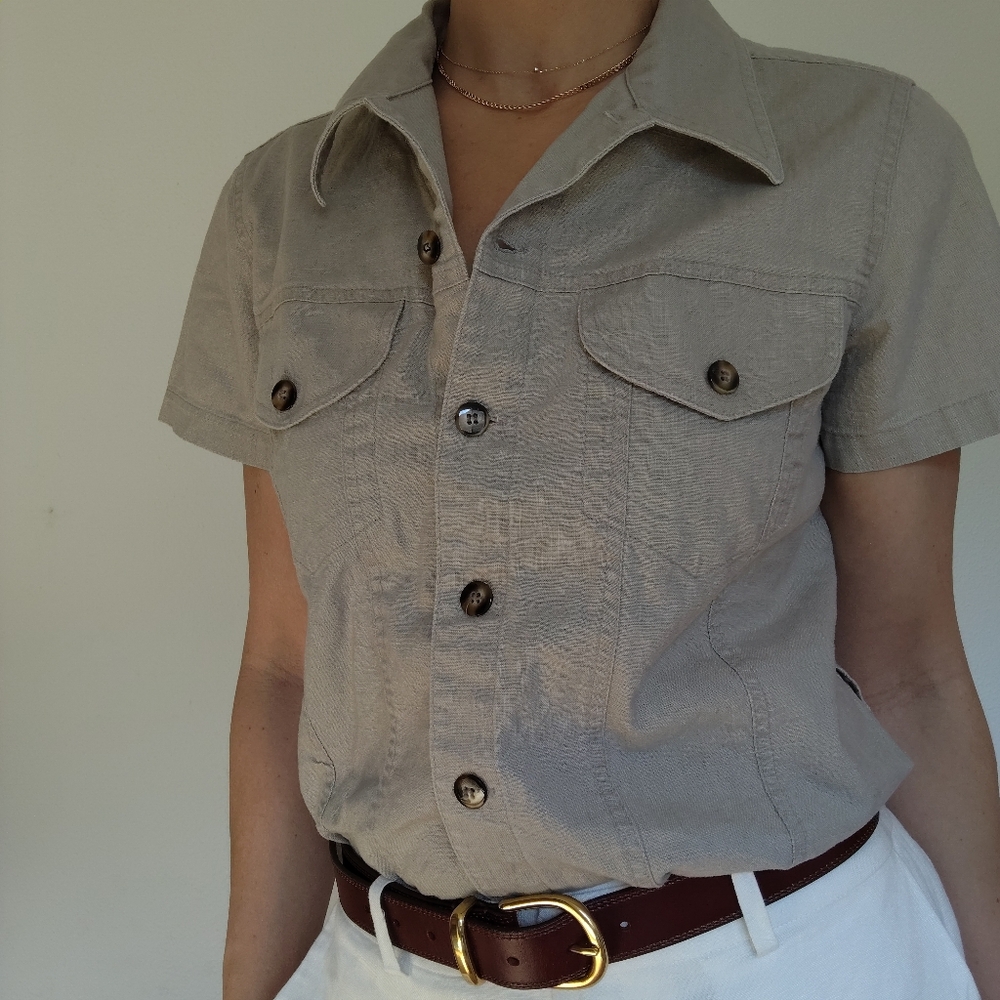 Vintage Linen Button Front Short Sleeve Shirt Minimalist Neutral